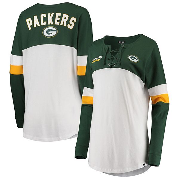 Women's New Era White/Green Green Bay Packers Athletic Varsity Lace-Up  V-Neck Long Sleeve T-Shirt