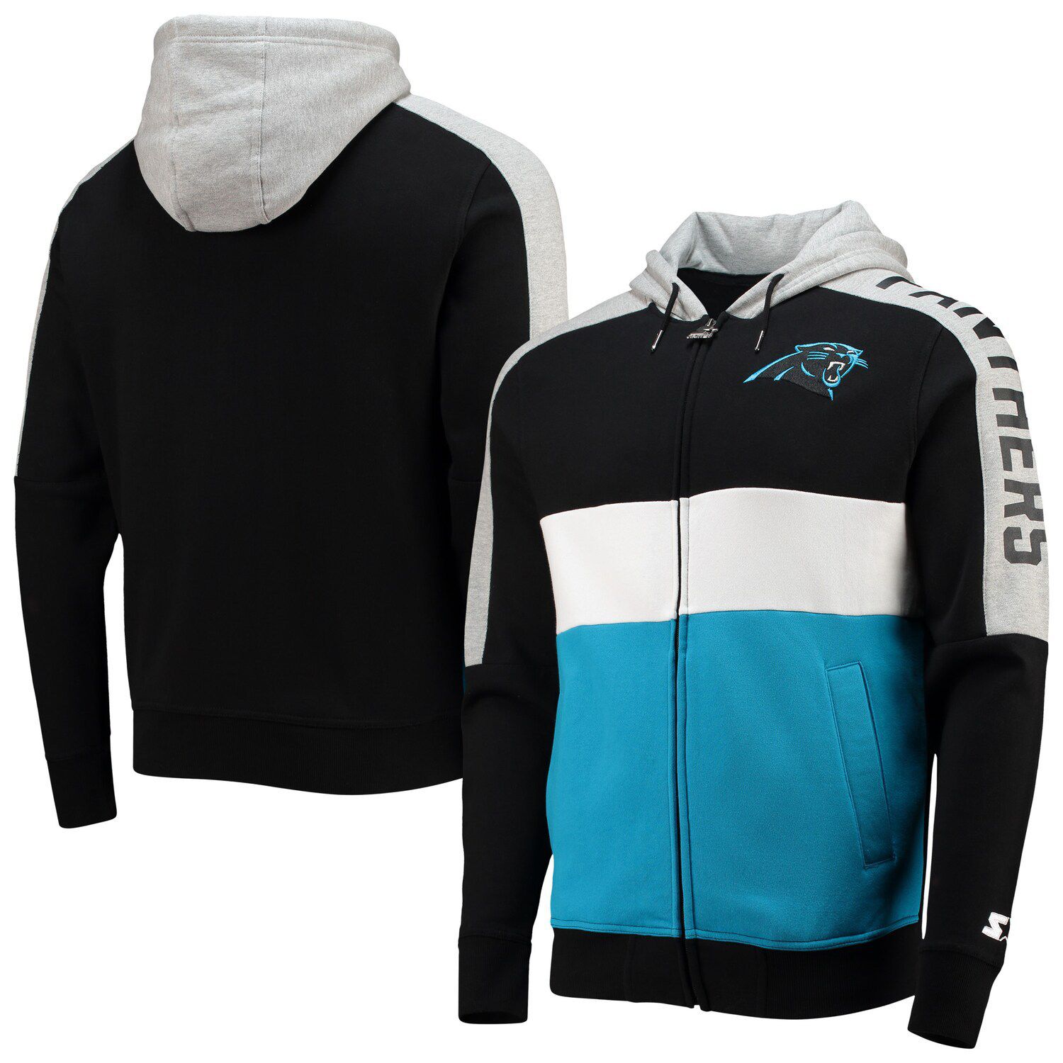 Men's Starter Black/Blue Carolina Panthers Running Back Full-Zip Hoodie Size: Large