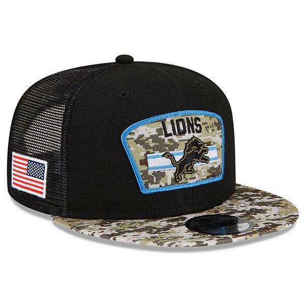 Men's New Era Black/Camo Detroit Lions 2021 Salute to Service Trucker 9FORTY Snapback Adjustable Hat