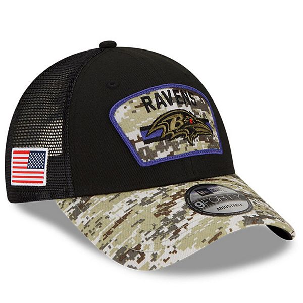 Men's New Era Black/Camo Baltimore Ravens 2021 Salute To Service Trucker  9FORTY Snapback Adjustable Hat