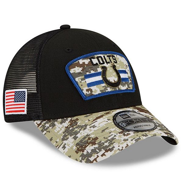 Men's New Era Black/Camo Indianapolis Colts 2021 Salute To Service Trucker  9FORTY Snapback Adjustable Hat