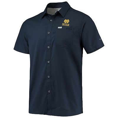 notre dame men's dress shirts Men's Cutter & Buck Light Blue Notre Dame Fighting Irish Alumni Logo  Stretch Oxford Short Sleeve Button-Down Shirt