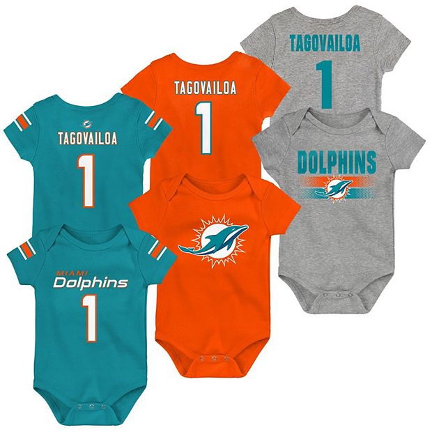 Newborn & Infant Tua Tagovailoa Aqua/Orange/Heathered Gray Miami Dolphins  Three-Pack Name & Number Bodysuit Set