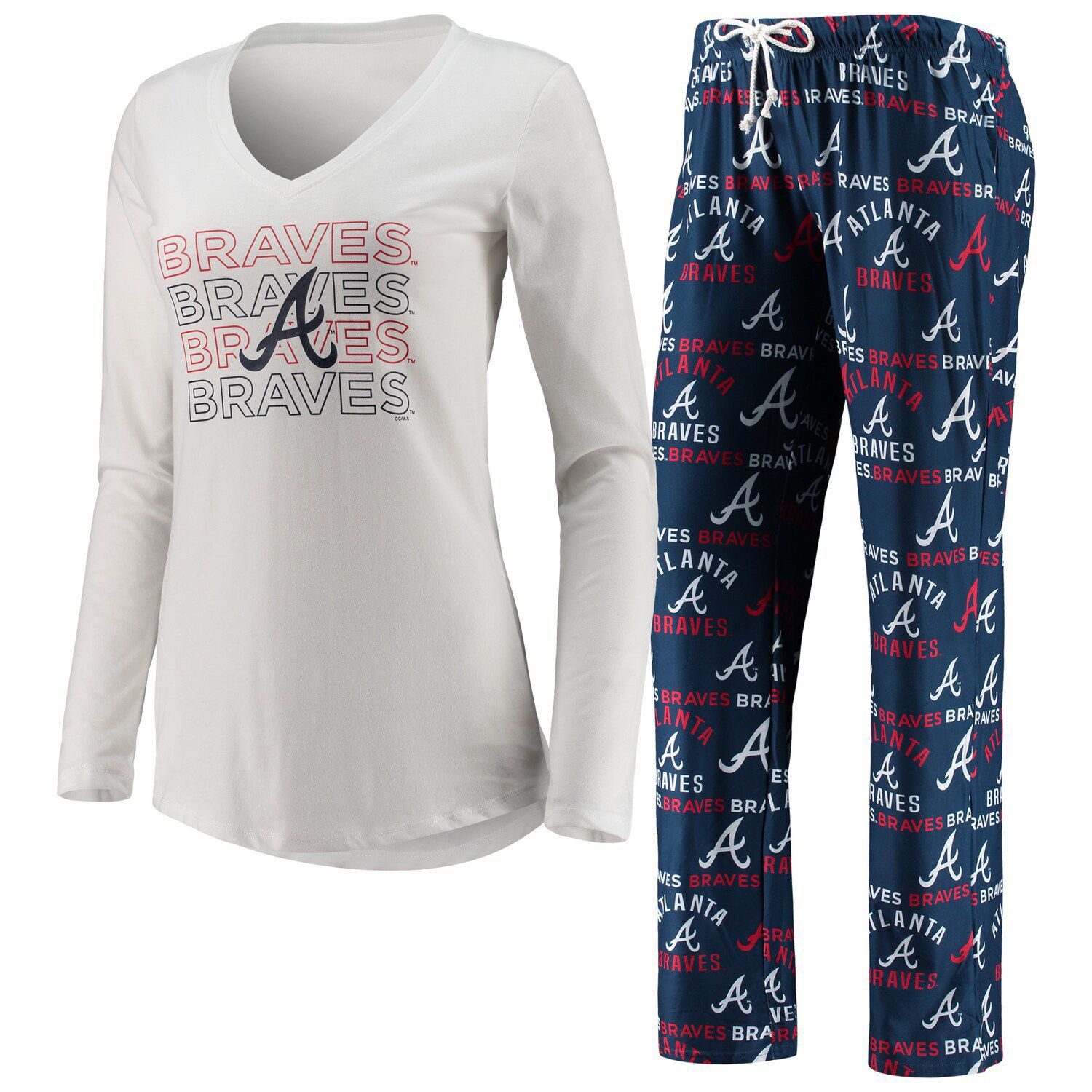 Women's Concepts Sport Navy Atlanta Braves Breakthrough Allover Print Long Sleeve V-Neck T-Shirt & Shorts Sleep Set Size: Medium