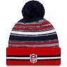 Youth New Era Navy/Red New England Patriots 2021 NFL Sideline Sport Pom Cuffed Knit Hat