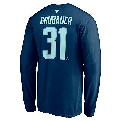 Men's Fanatics Branded Philipp Grubauer Deep Sea Blue Seattle Kraken Authentic Stack Name & Number Long Sleeve T-Shirt