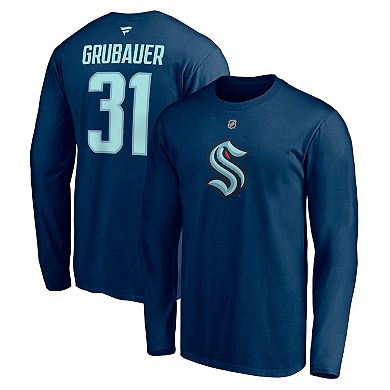 Men's Fanatics Branded Philipp Grubauer Deep Sea Blue Seattle Kraken Authentic Stack Name & Number Long Sleeve T-Shirt