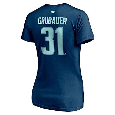 Women's Fanatics Branded Philipp Grubauer Deep Sea Blue Seattle Kraken Authentic Stack Name & Number V-Neck T-Shirt