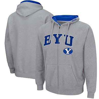 Men's Colosseum Heathered Gray BYU Cougars Arch & Logo 3.0 Full-Zip Hoodie
