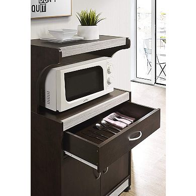 Hodedah Wheeled Microwave Cart with Drawer and Cabinet Storage, Chocolate Grey