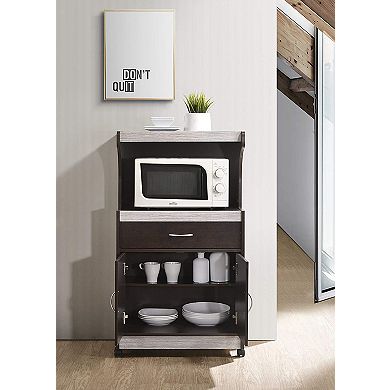 Hodedah Wheeled Microwave Cart with Drawer and Cabinet Storage, Chocolate Grey