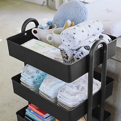 ECR4Kids 3 Tier Metal Rolling Storage Organizer Utility Cart w/ 4 Wheels, Black