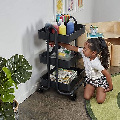 ECR4Kids 3 Tier Metal Rolling Storage Organizer Utility Cart w/ 4 Wheels, Black