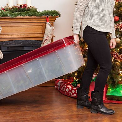 IRIS USA 2 Piece 7 Foot Christmas Tree Storage Box with Red Latching Lid, Clear