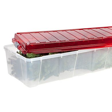 IRIS USA 2 Piece 7 Foot Christmas Tree Storage Box with Red Latching Lid, Clear