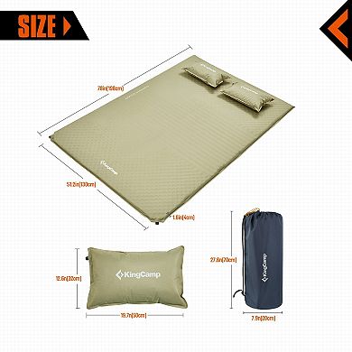 KingCamp Double Self Inflating Camping Sleeping Pad Mat with 2 Pillows, Beige