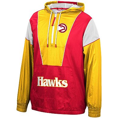 Men's Mitchell & Ness Red/Yellow Atlanta Hawks Hardwood Classics Highlight Reel Windbreaker Half-Zip Hoodie Jacket