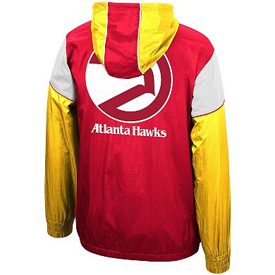 Men's Mitchell & Ness Red/Yellow Atlanta Hawks Hardwood Classics Highlight Reel Windbreaker Half-Zip Hoodie Jacket