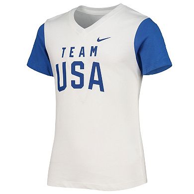 Girl's Youth Nike White/Royal Team USA Color Block V-Neck T-Shirt