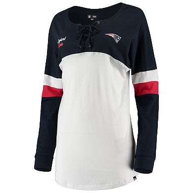 Women's New Era White/Navy New England Patriots Athletic Varsity Lace-Up V-Neck Long Sleeve T-Shirt