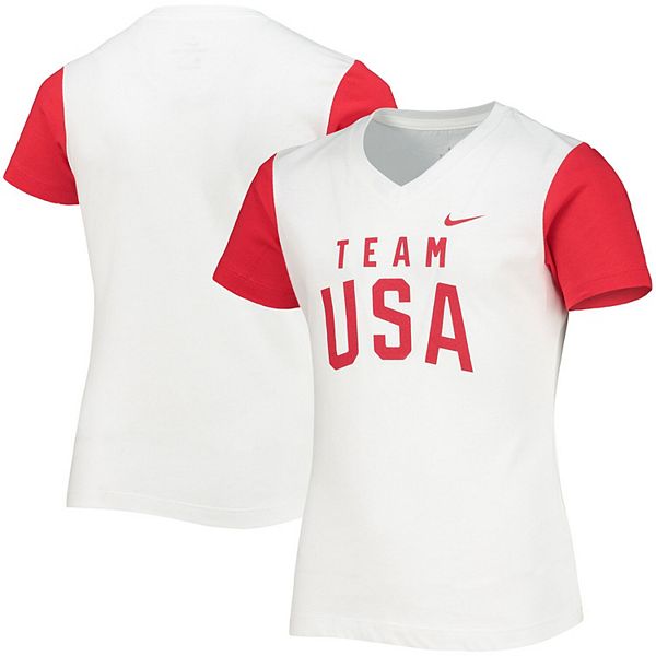 Girls Youth Nike White/Red Team USA Color Block VNeck TShirt