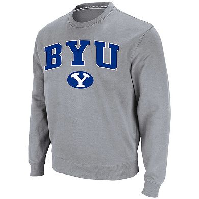 Men's Colosseum Heathered Gray BYU Cougars Team Arch & Logo Tackle Twill Pullover Sweatshirt