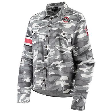 Women's The Wild Collective Gray Ohio State Buckeyes Camo Flannel Button-Up Long Sleeve Shirt