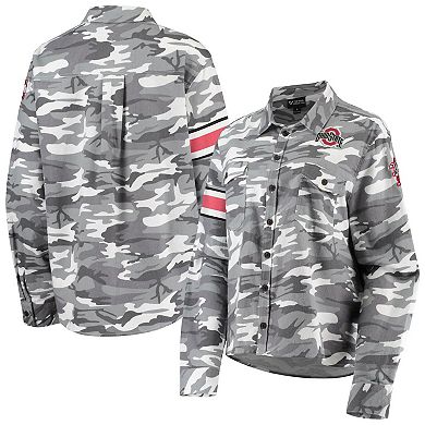 Women's The Wild Collective Gray Ohio State Buckeyes Camo Flannel Button-Up Long Sleeve Shirt
