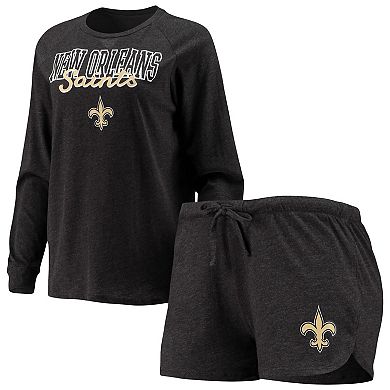 Women's Concepts Sport Black New Orleans Saints Meter Knit Long Sleeve Raglan Top & Shorts Sleep Set