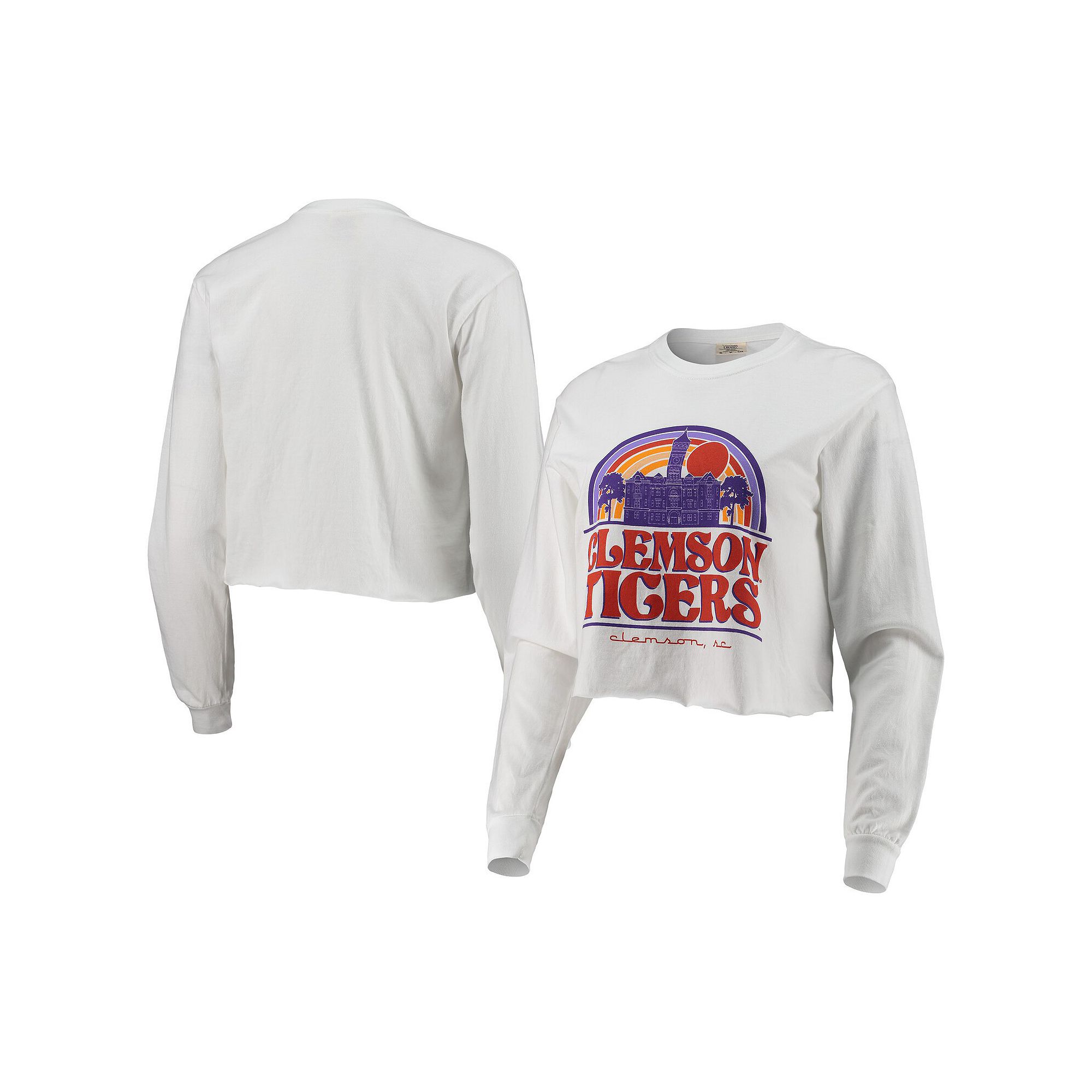 Womens White Clemson Tigers Retro Campus Crop Long Sleeve T-Shirt, Size: 2