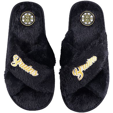 Women's FOCO Boston Bruins Script Cross Slide Slippers