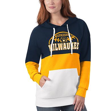 Women's G-III Sports by Carl Banks Navy/Gold Milwaukee Brewers Block and Tackle Colorblock Pullover Hoodie