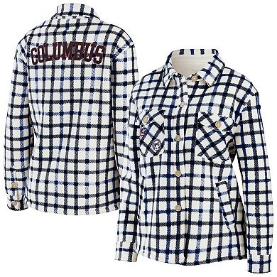 Women's WEAR by Erin Andrews Oatmeal Columbus Blue Jackets Plaid Button-Up Shirt Jacket