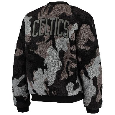 Women's The Wild Collective Black Boston Celtics Camo Sherpa Full-Zip Bomber Jacket