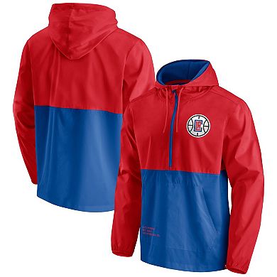 Men's Fanatics Branded Royal/Red LA Clippers Anorak Block Party Windbreaker Half-Zip Hoodie Jacket