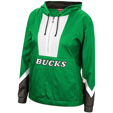 Women's Mitchell & Ness Green Milwaukee Bucks Half-Zip Windbreaker 2.0 Hoodie
