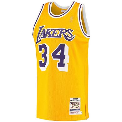Men's Mitchell & Ness Shaquille O'Neal Gold Los Angeles Lakers 1996/97 Hardwood Classics Authentic Jersey