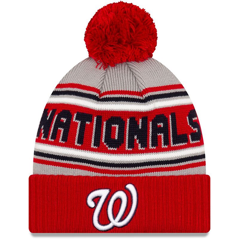 Mens New Era Red Washington Nationals Cheer Cuffed Knit Hat with Pom, NAT 
