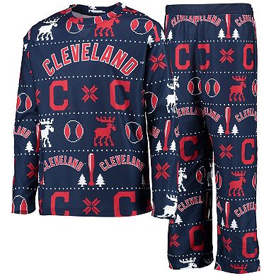 Youth Navy Cleveland Indians Allover Print Long Sleeve T-Shirt & Pants Sleep Set