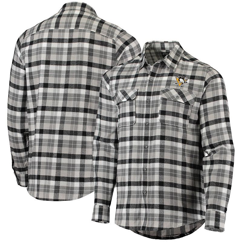 Mens Antigua Black/Gray Pittsburgh Penguins Ease Plaid Button-Up Long Slee
