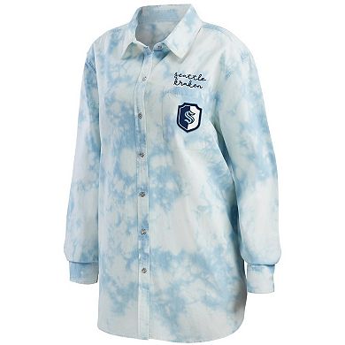 Women's WEAR by Erin Andrews White Seattle Kraken Oversized Tie-Dye Button-Up Denim Shirt