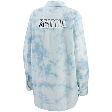 Women's WEAR by Erin Andrews White Seattle Kraken Oversized Tie-Dye Button-Up Denim Shirt