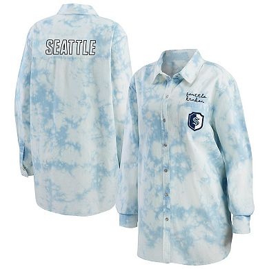 Women's WEAR by Erin Andrews White Seattle Kraken Oversized Tie-Dye Button-Up Denim Shirt