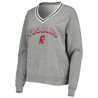 Women's League Collegiate Wear Heathered Gray USC Trojans Victory Springs Tri-Blend V-Neck Pullover Sweatshirt