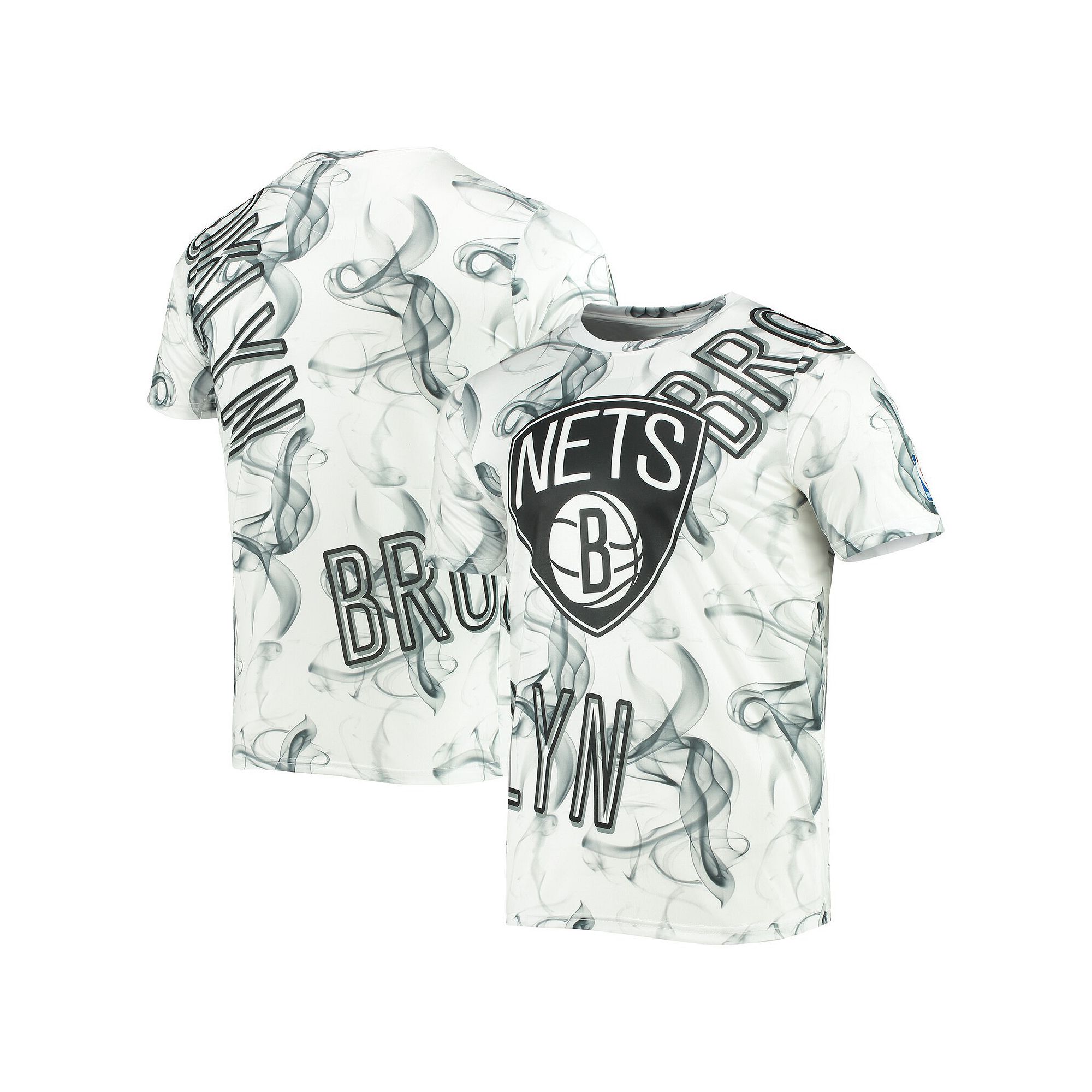 Mens White/Black Brooklyn Nets Asymmetric Bold Smoke T-Shirt, Size: Small