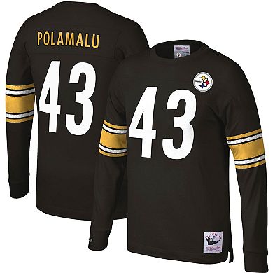 Men's Mitchell & Ness Troy Polamalu Black Pittsburgh Steelers Throwback Retired Player Name & Number Long Sleeve Top