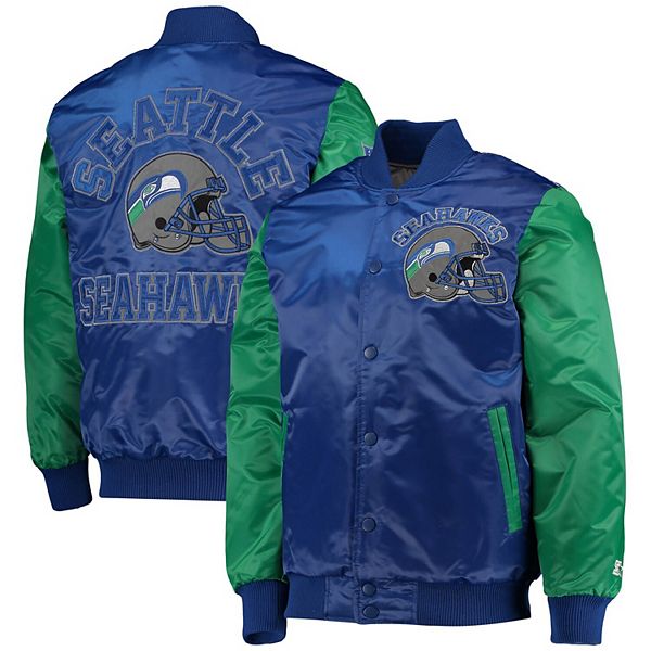 Women's Starter College Navy Seattle Seahawks Line Up Satin Full-Snap Varsity Jacket