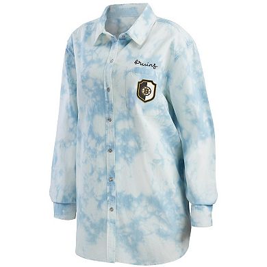 Women's WEAR by Erin Andrews White Boston Bruins Oversized Tie-Dye Button-Up Denim Shirt