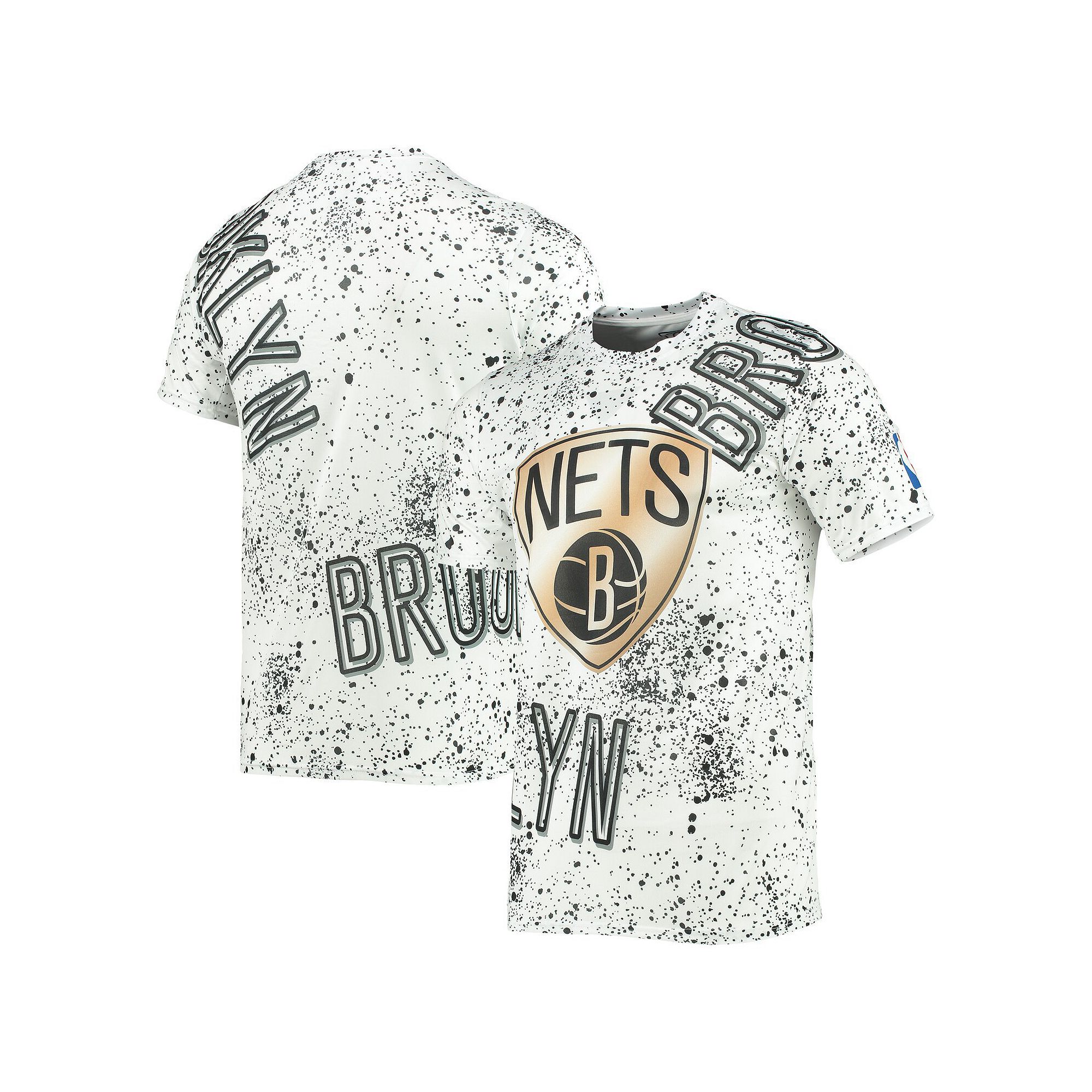 Mens FISLL White Brooklyn Nets Gold Foil Splatter Print T-Shirt, Size: Sma