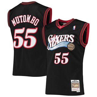 Men's Mitchell & Ness Dikembe Mutombo Black Philadelphia 76ers Hardwood Classics Swingman Jersey